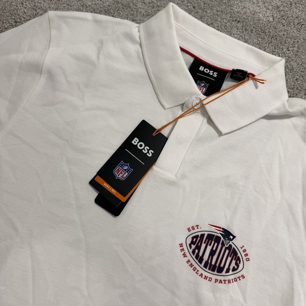 Hugo Boss New England Patriots Polo Shirt Mens L White‎ Short Sleeve - DEFECT